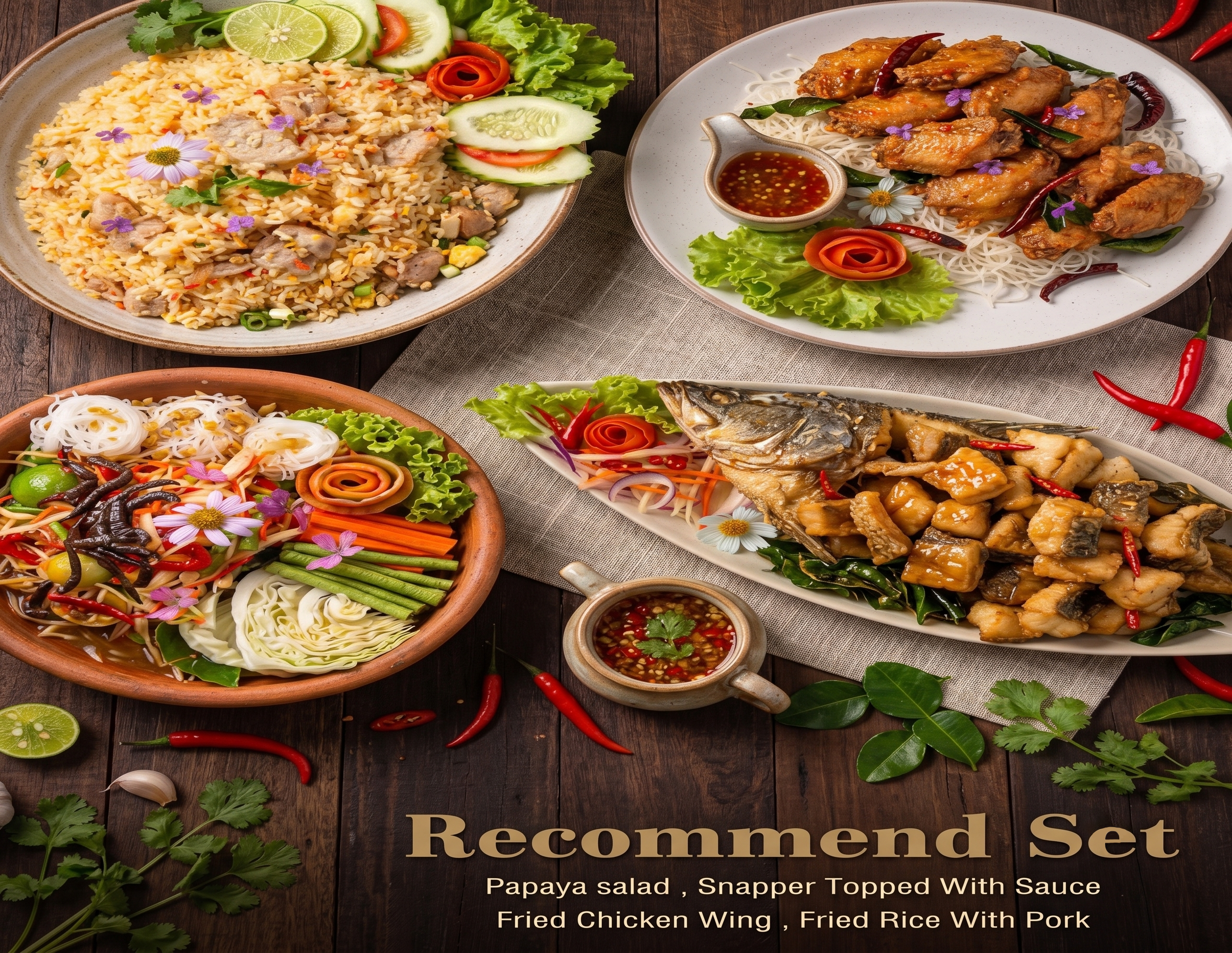 Set แนะนำ ส้มตำ กระพง ปีกไก่ ข้าวผัด ชุด