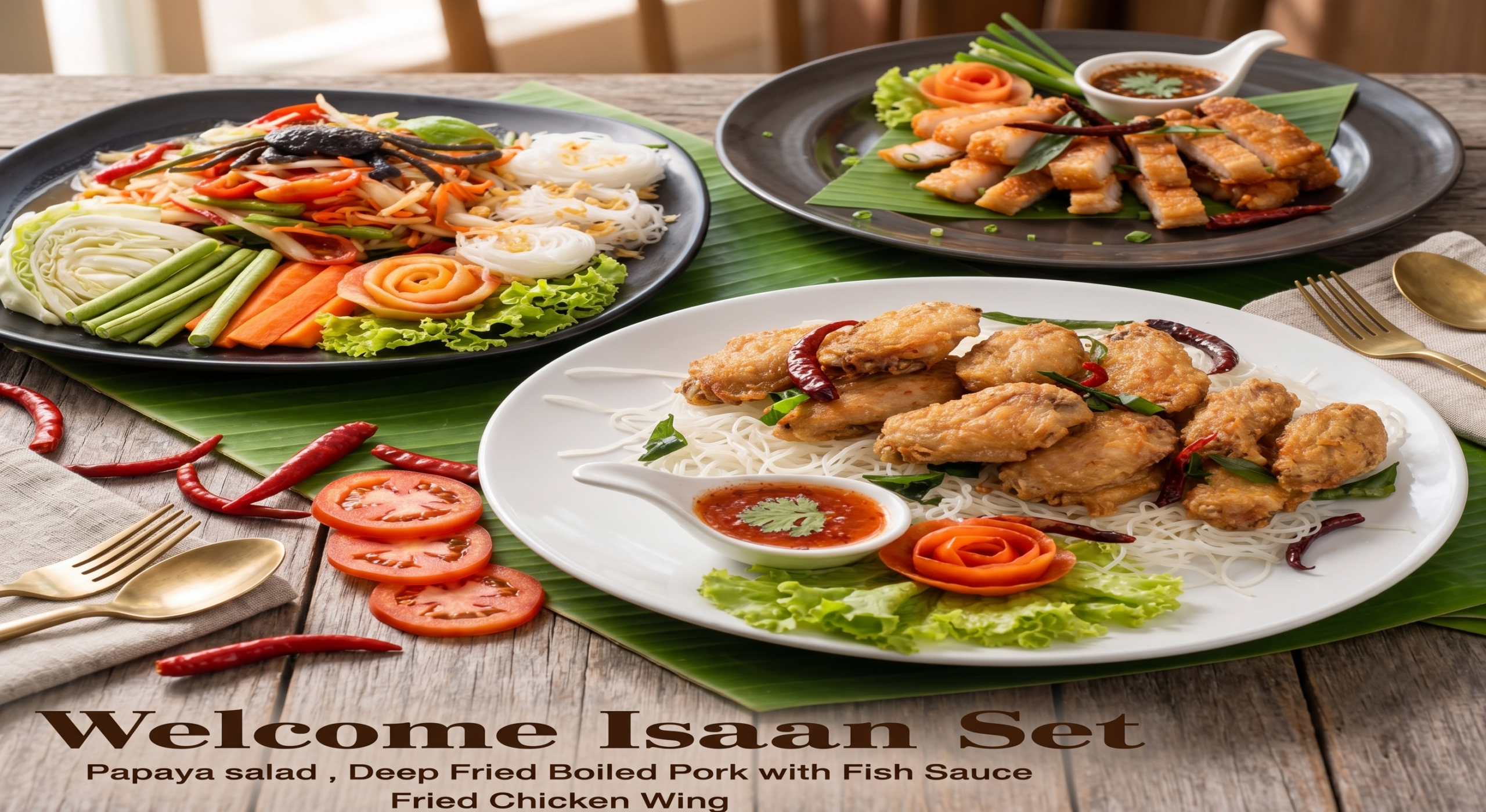Setอีสานใหญ่ ตำถาดปูปลาร้า สามชั้นปีกไก่ ชุด