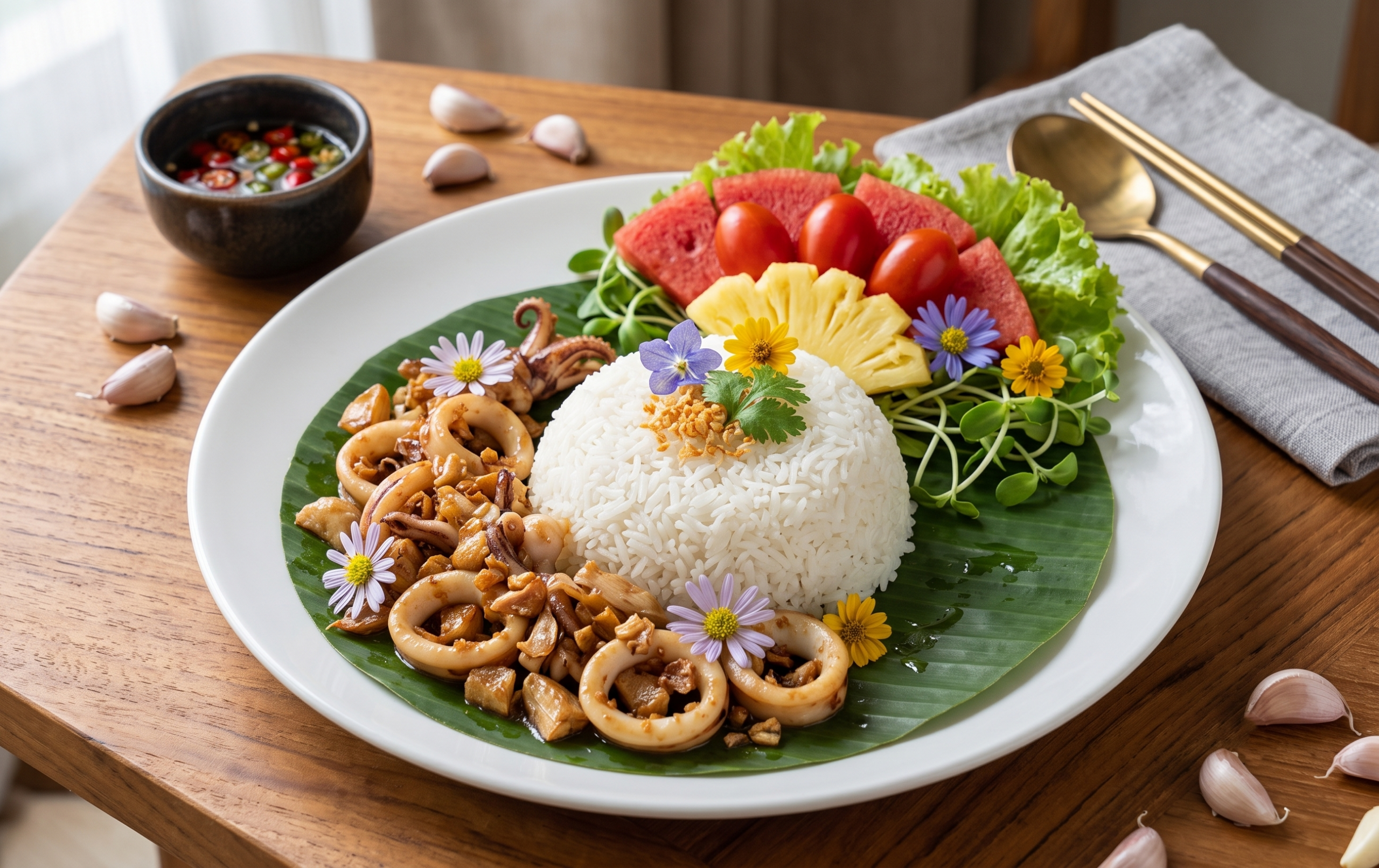 ข้าวหมึกทอดกระเทียม