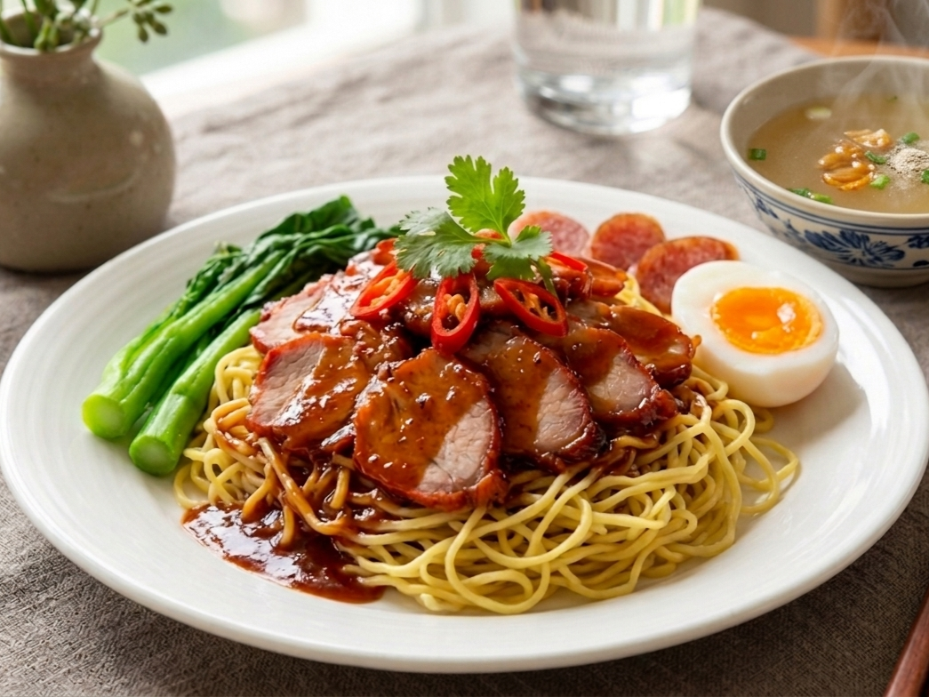 บะหมี่ไข่ราดหมูแดง